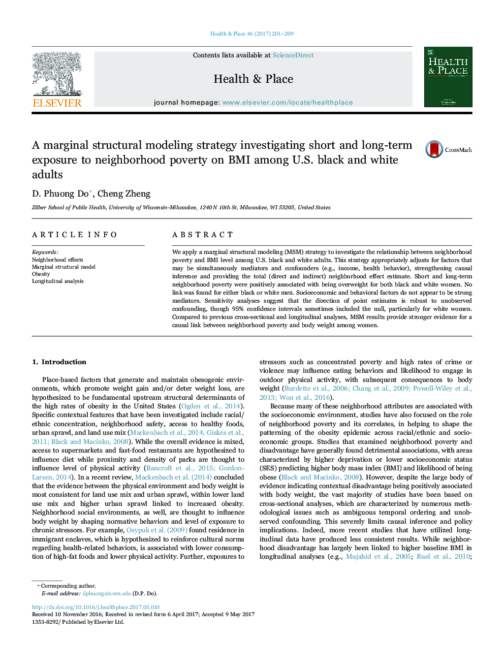 A marginal structural modeling strategy investigating short and long-term exposure to neighborhood poverty on BMI among U.S. black and white adults