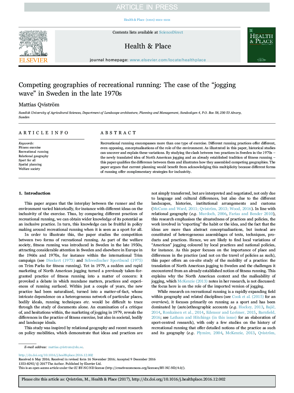 Competing geographies of recreational running: The case of the “jogging wave” in Sweden in the late 1970s