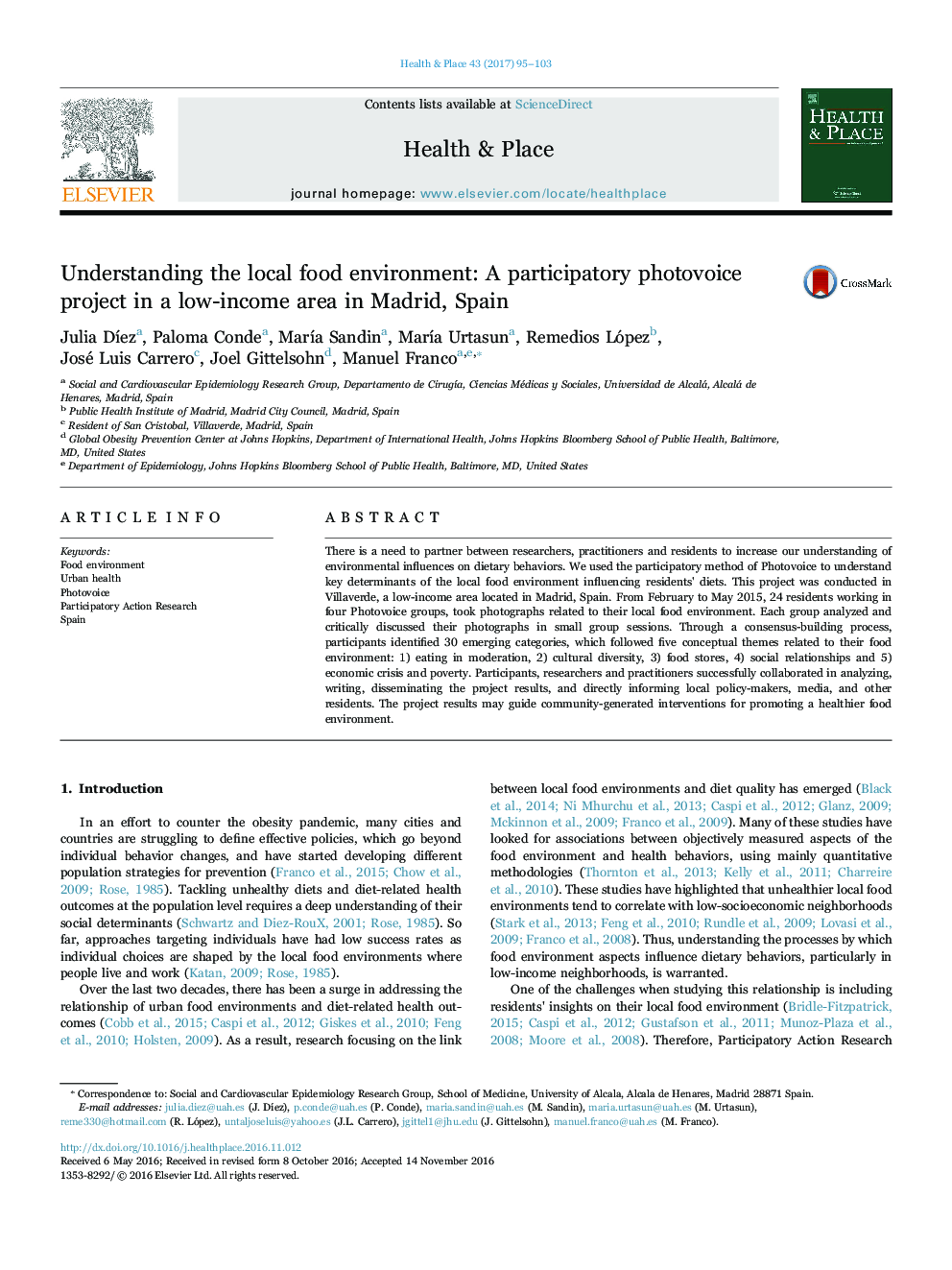 Understanding the local food environment: A participatory photovoice project in a low-income area in Madrid, Spain