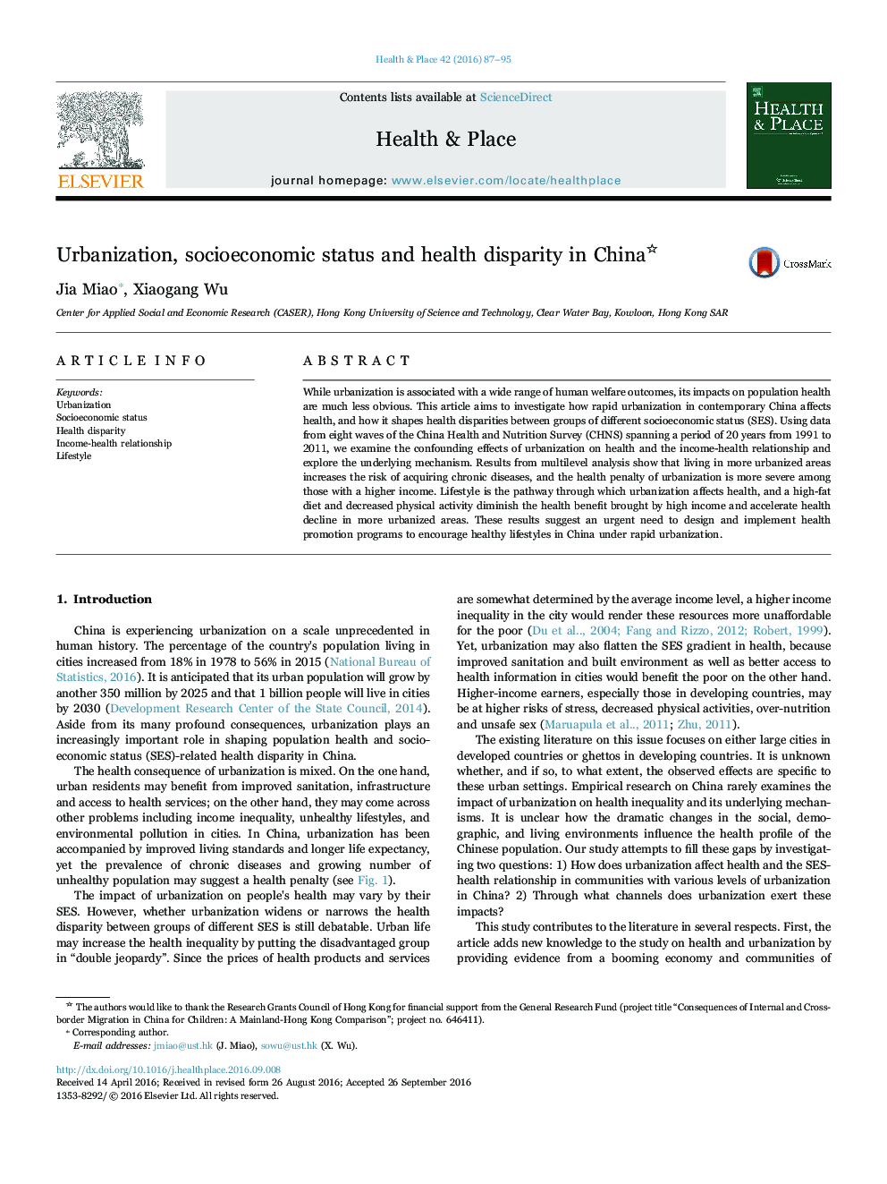 Urbanization, socioeconomic status and health disparity in China