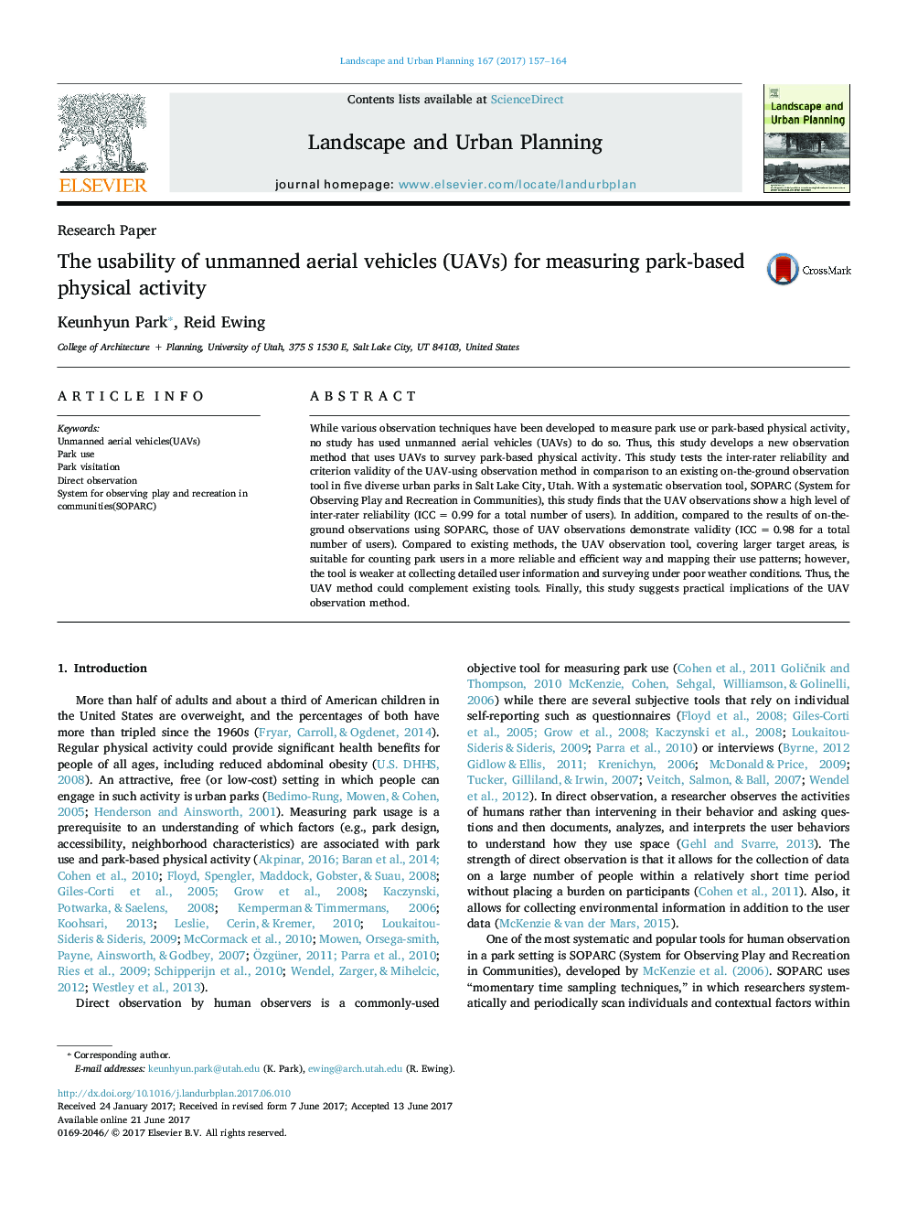 The usability of unmanned aerial vehicles (UAVs) for measuring park-based physical activity