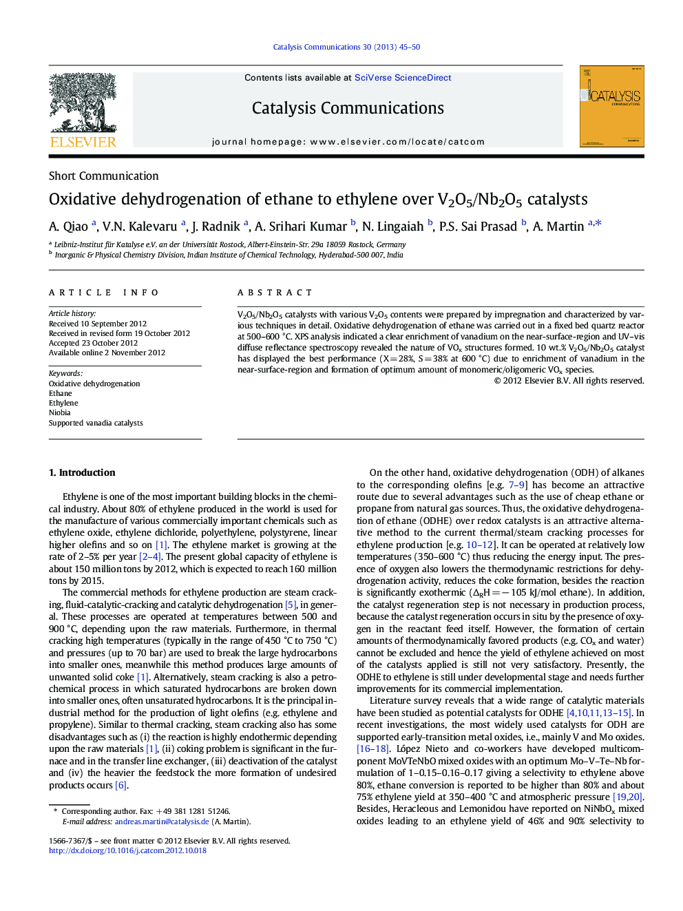 Oxidative dehydrogenation of ethane to ethylene over V2O5/Nb2O5 catalysts