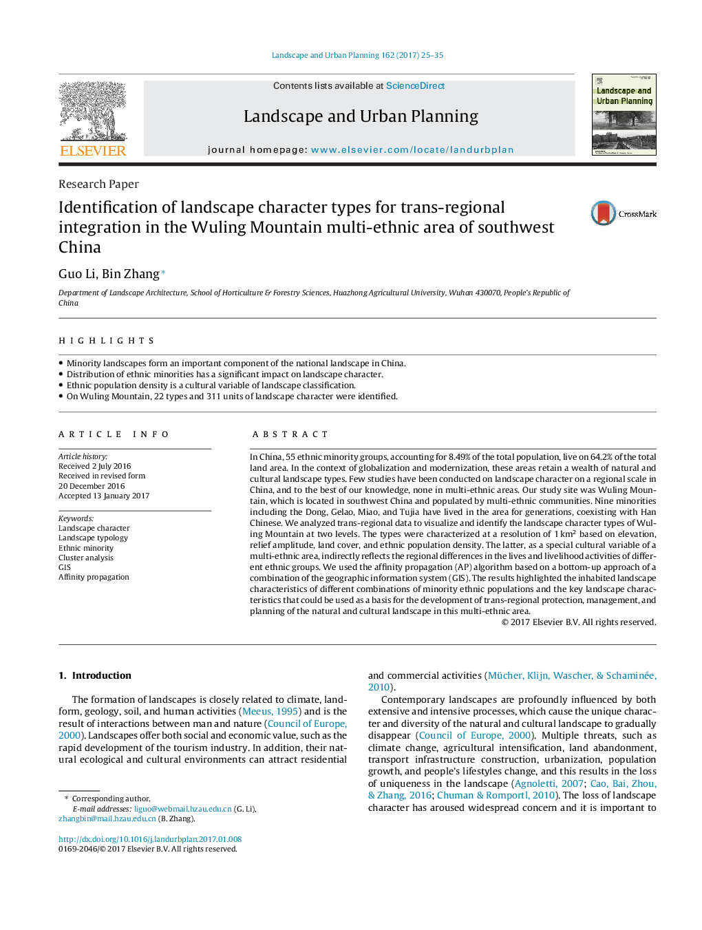 Identification of landscape character types for trans-regional integration in the Wuling Mountain multi-ethnic area of southwest China