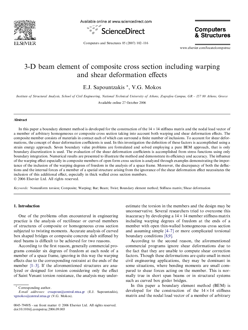 3-D beam element of composite cross section including warping and shear deformation effects