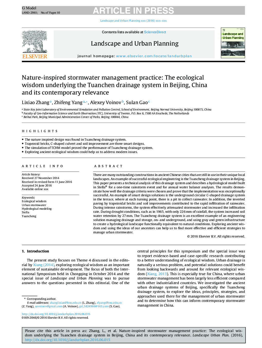 Nature-inspired stormwater management practice: The ecological wisdom underlying the Tuanchen drainage system in Beijing, China and its contemporary relevance