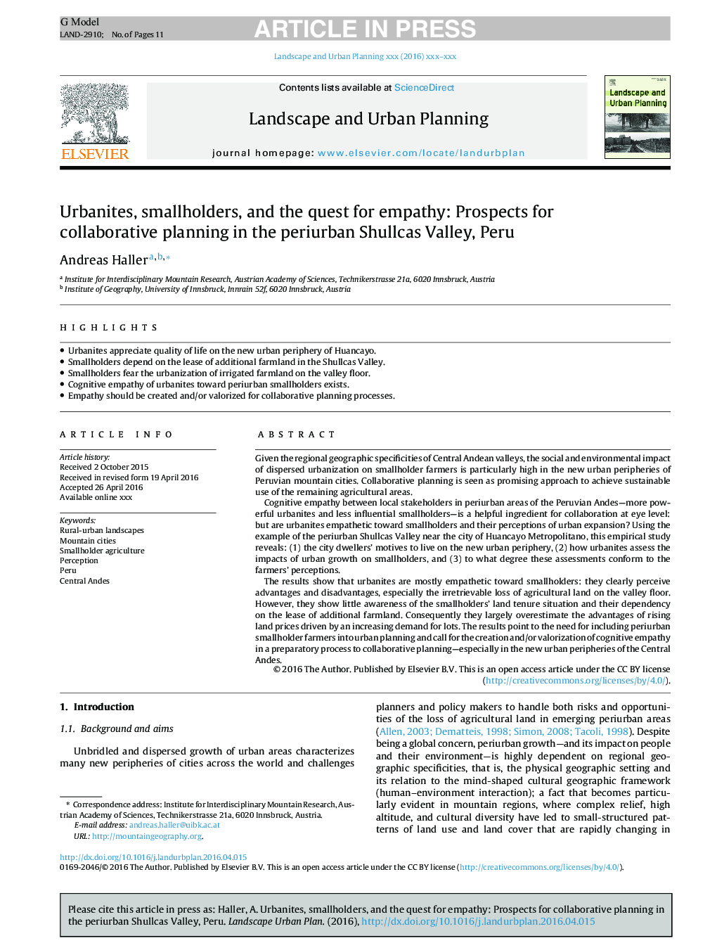 Urbanites, smallholders, and the quest for empathy: Prospects for collaborative planning in the periurban Shullcas Valley, Peru