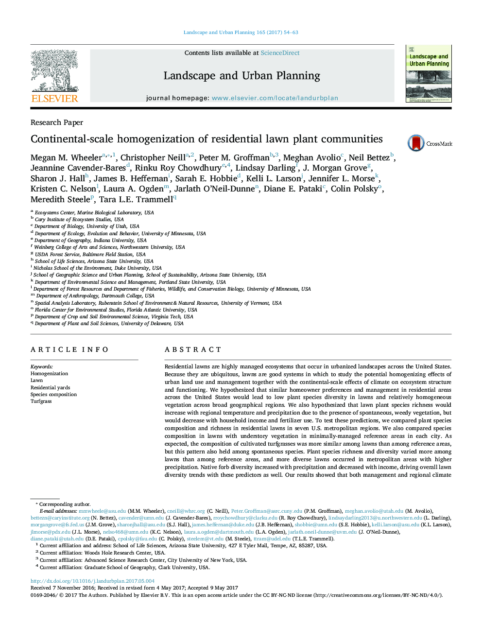 Continental-scale homogenization of residential lawn plant communities