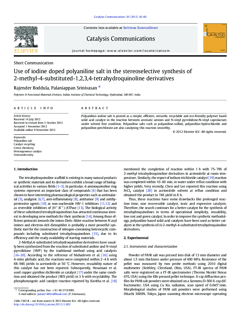 Use of iodine doped polyaniline salt in the stereoselective synthesis of 2-methyl-4-substituted-1,2,3,4-tetrahydroquinoline derivatives