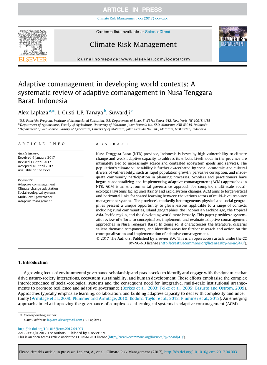 Adaptive comanagement in developing world contexts: A systematic review of adaptive comanagement in Nusa Tenggara Barat, Indonesia