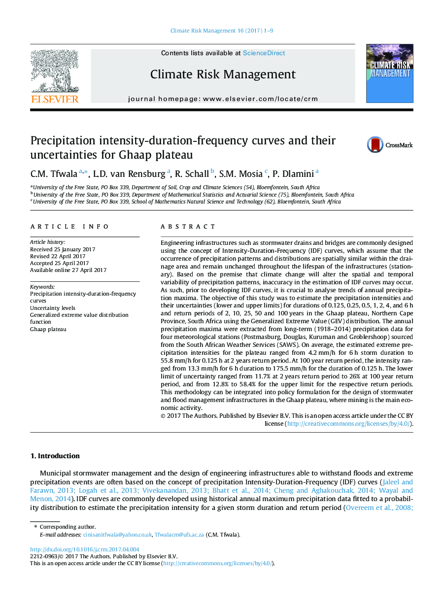 Precipitation intensity-duration-frequency curves and their uncertainties for Ghaap plateau