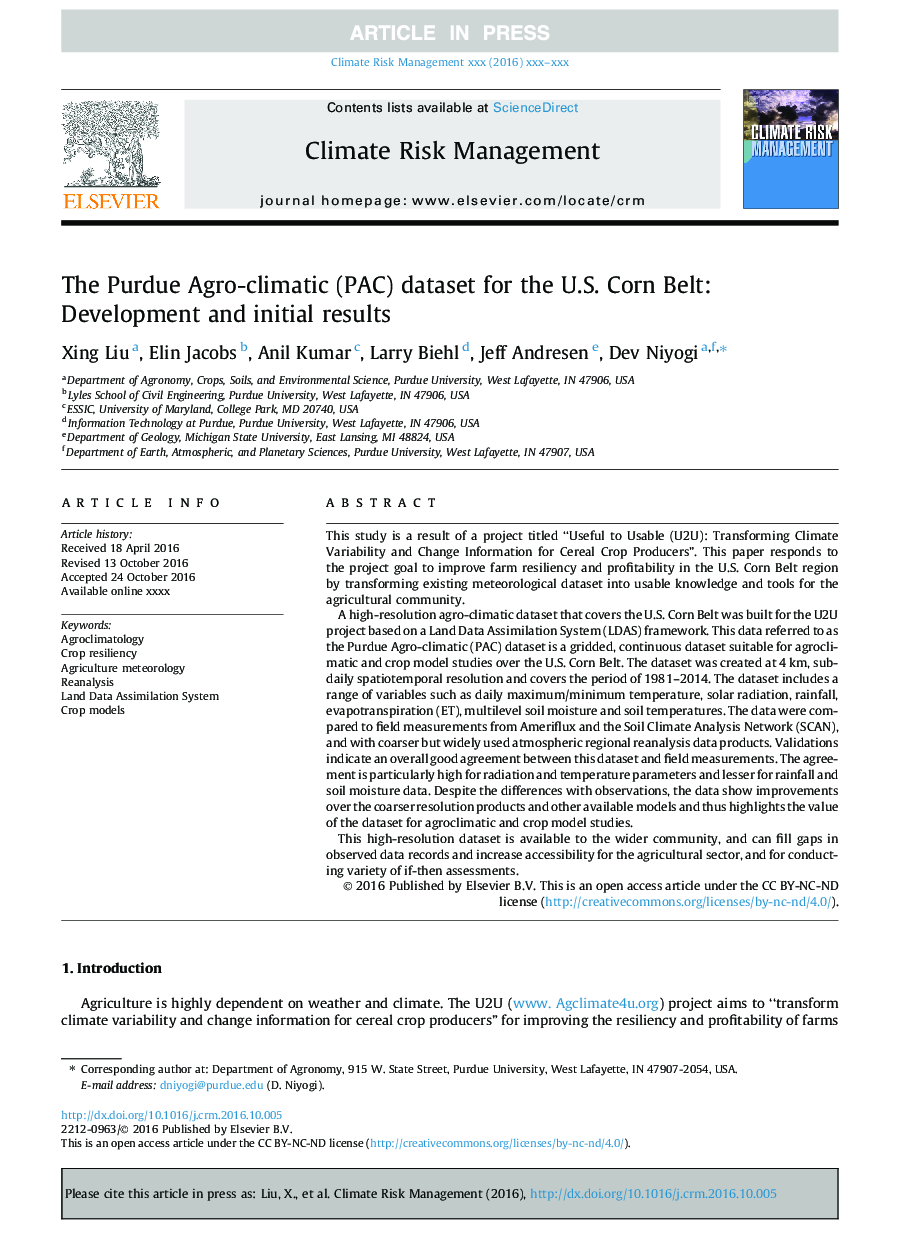 The Purdue Agro-climatic (PAC) dataset for the U.S. Corn Belt: Development and initial results