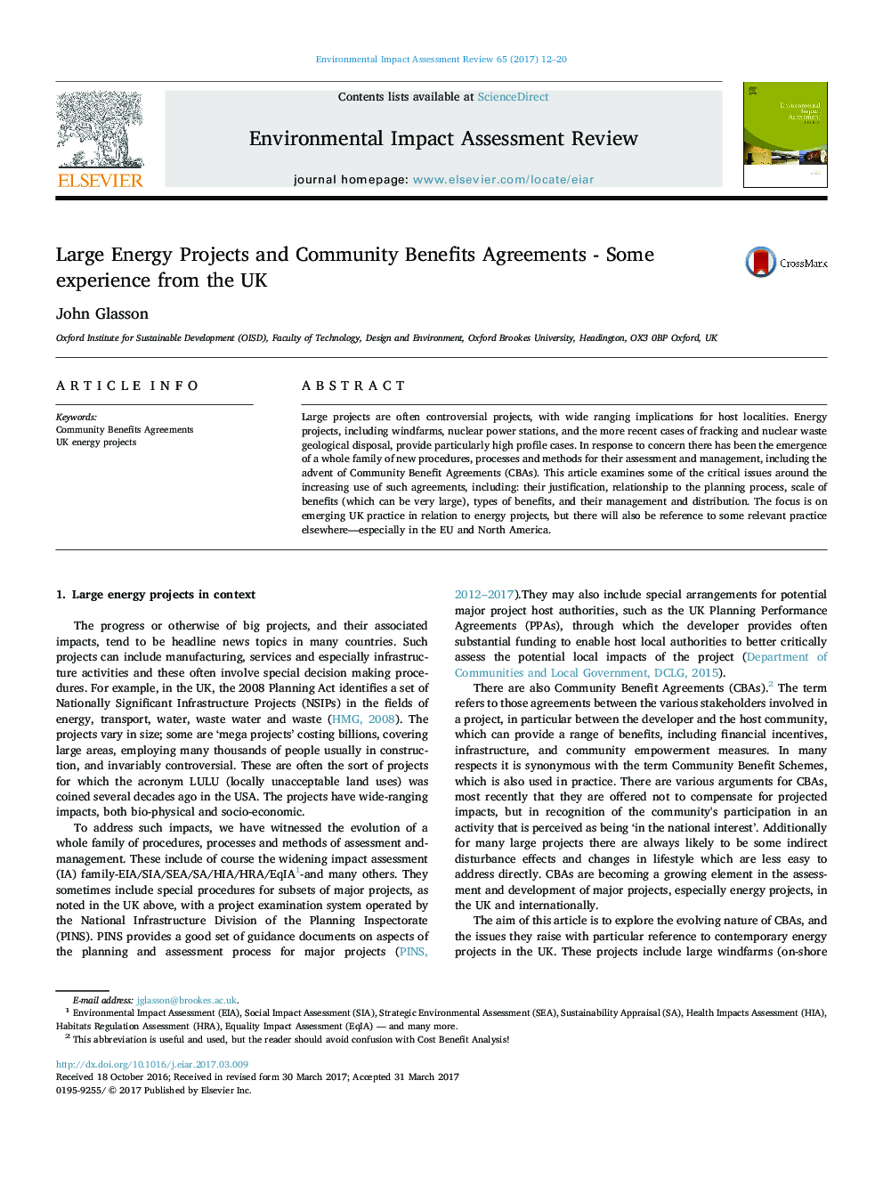 Large Energy Projects and Community Benefits Agreements - Some experience from the UK