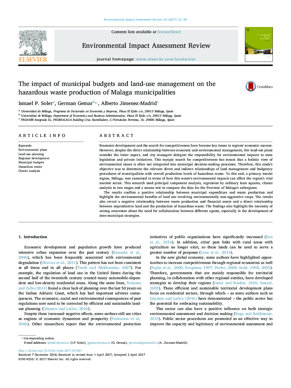 The impact of municipal budgets and land-use management on the hazardous waste production of Malaga municipalities