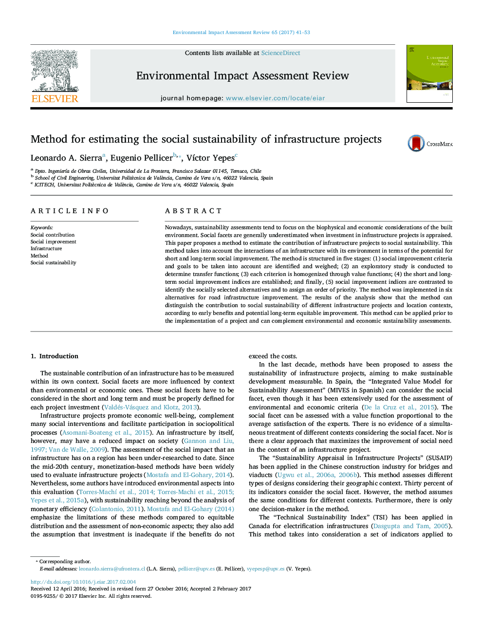 Method for estimating the social sustainability of infrastructure projects