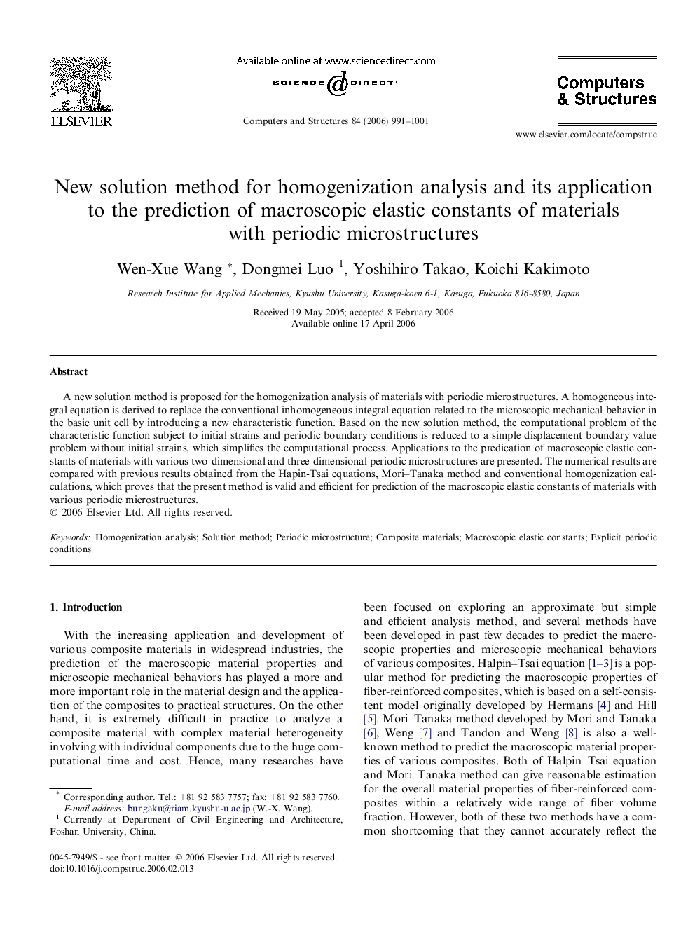 New solution method for homogenization analysis and its application to the prediction of macroscopic elastic constants of materials with periodic microstructures