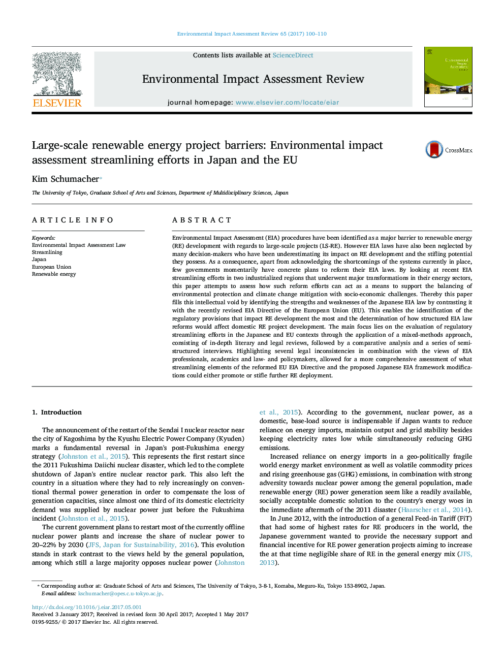 Large-scale renewable energy project barriers: Environmental impact assessment streamlining efforts in Japan and the EU