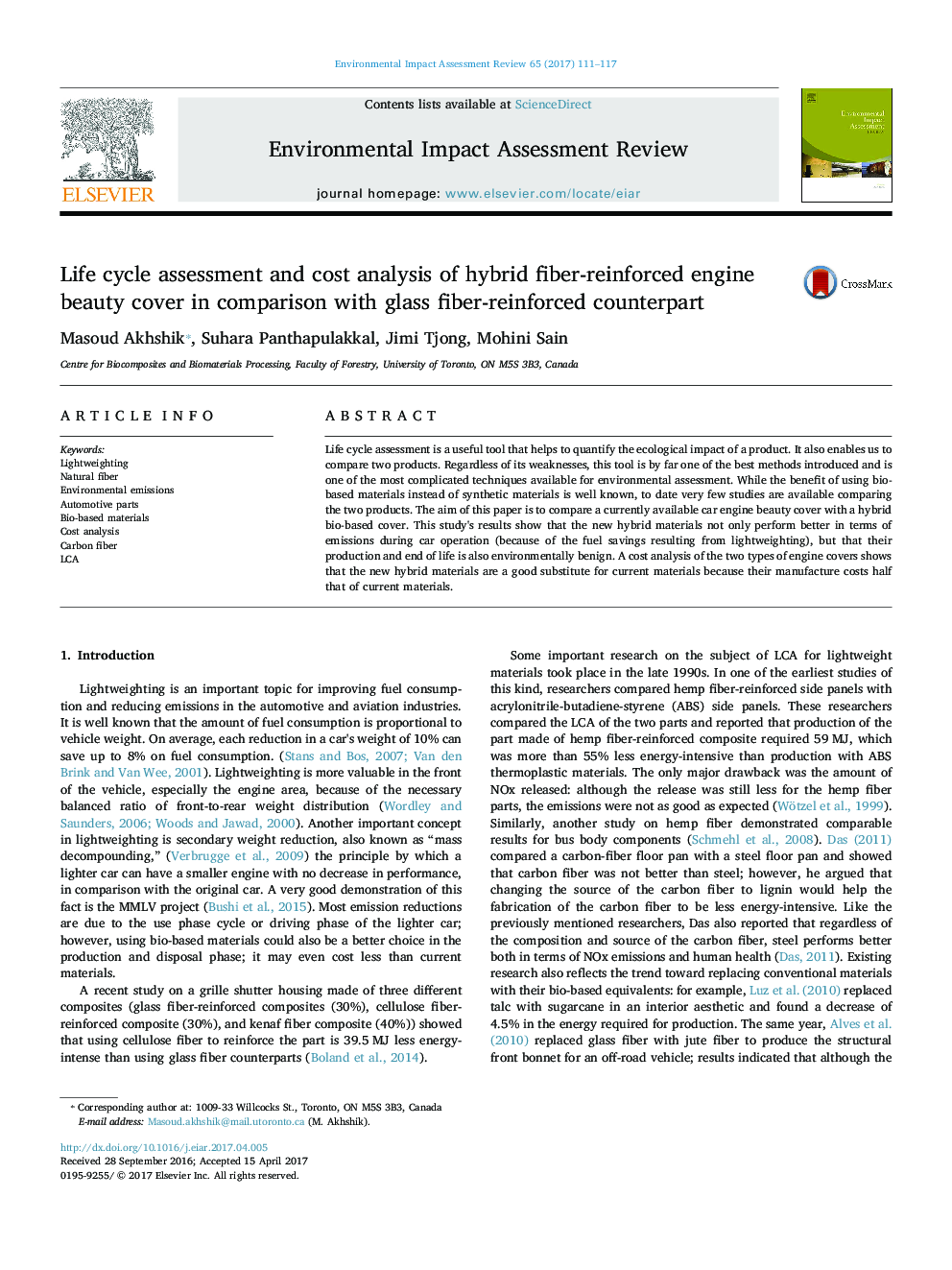 Life cycle assessment and cost analysis of hybrid fiber-reinforced engine beauty cover in comparison with glass fiber-reinforced counterpart