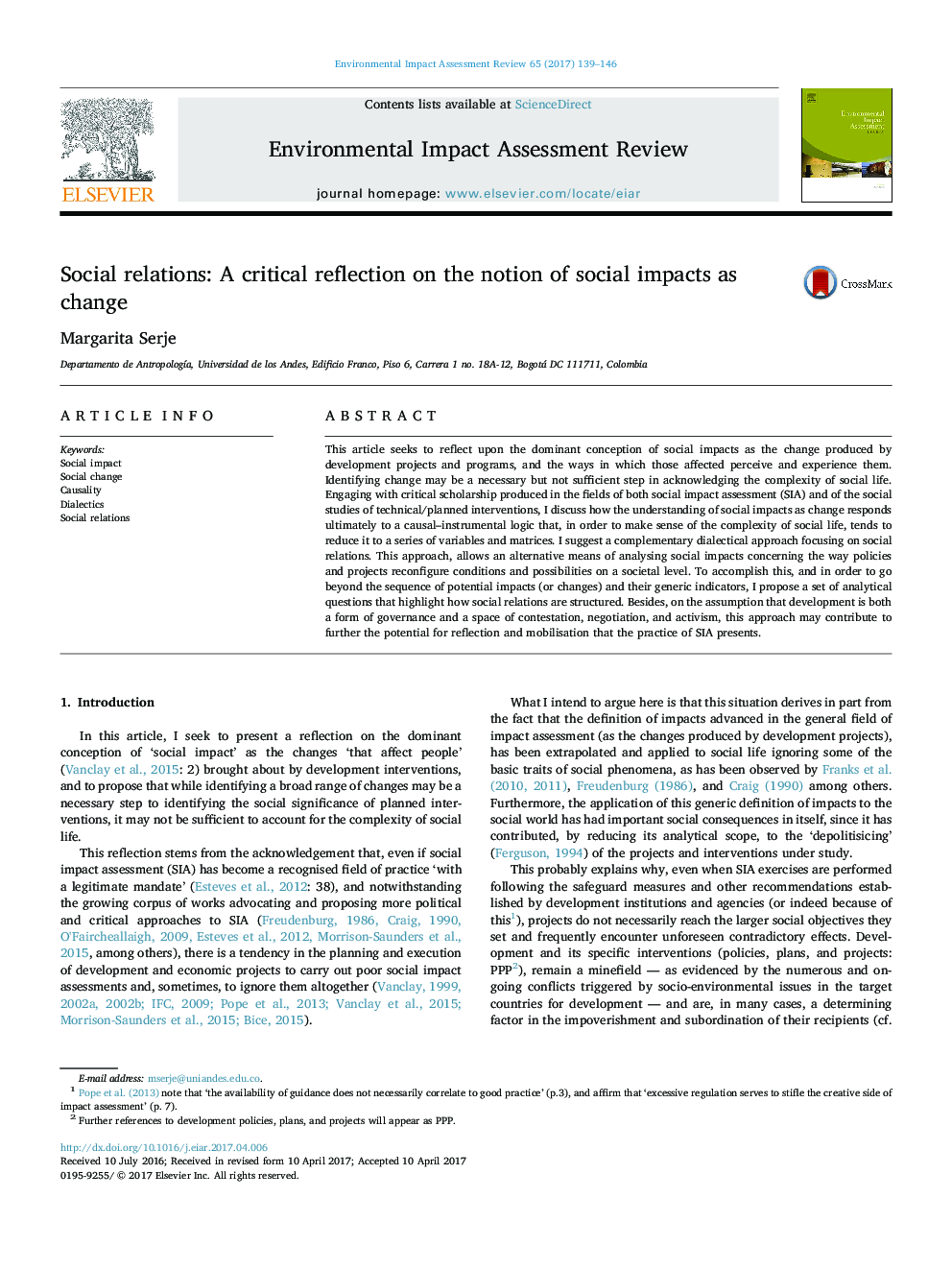 Social relations: A critical reflection on the notion of social impacts as change