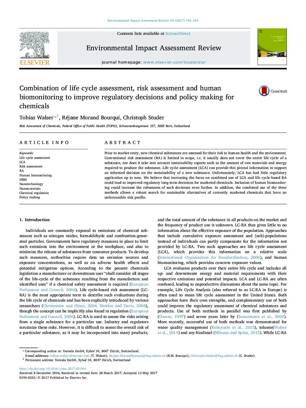 Combination of life cycle assessment, risk assessment and human biomonitoring to improve regulatory decisions and policy making for chemicals