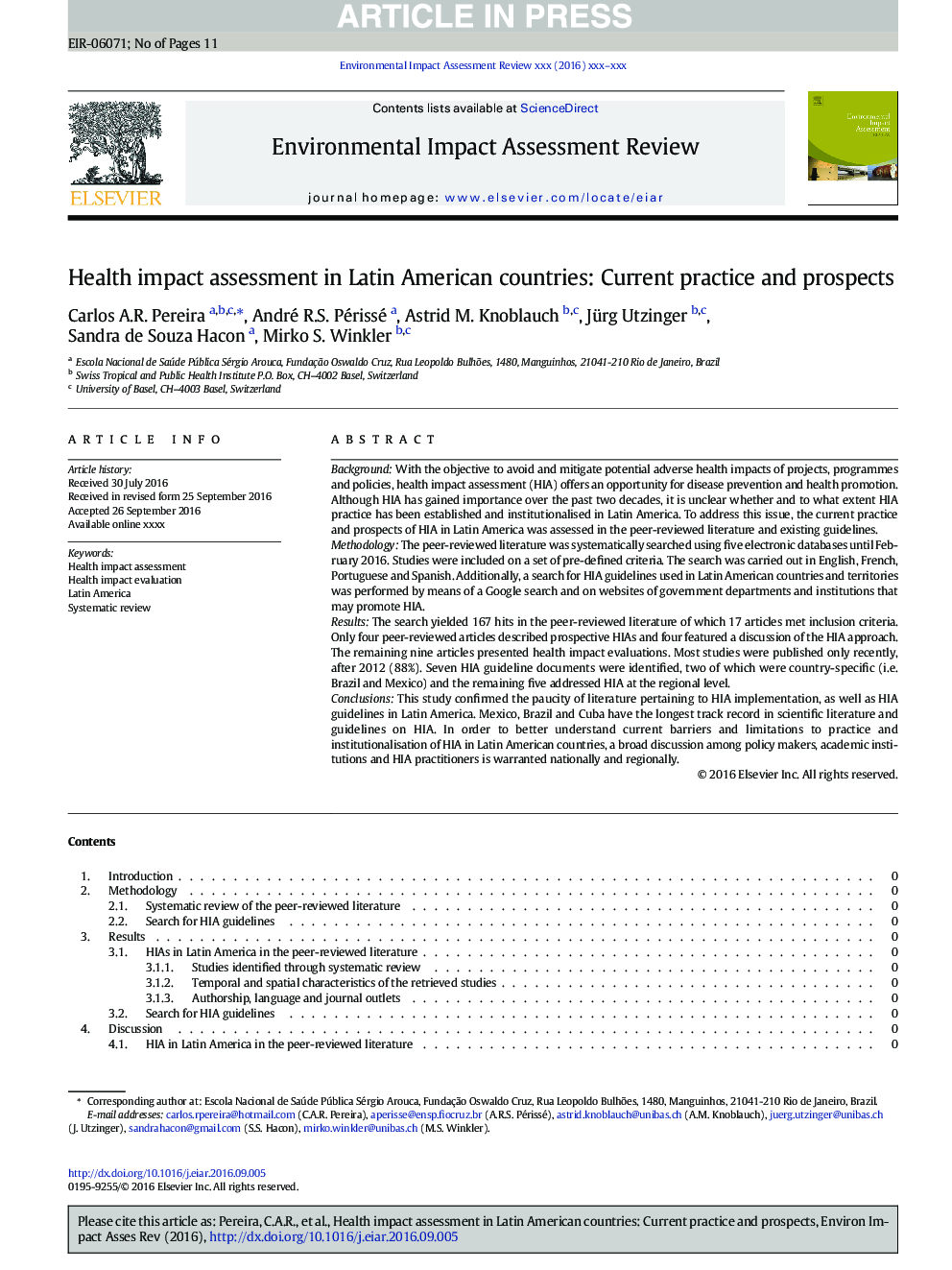 Health impact assessment in Latin American countries: Current practice and prospects