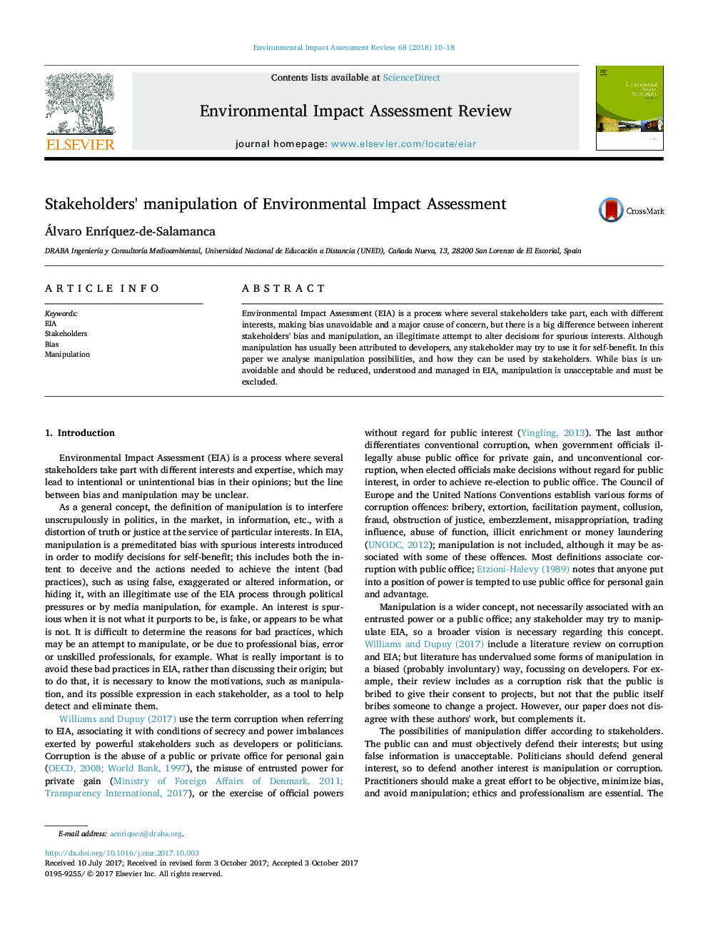 Stakeholders' manipulation of Environmental Impact Assessment