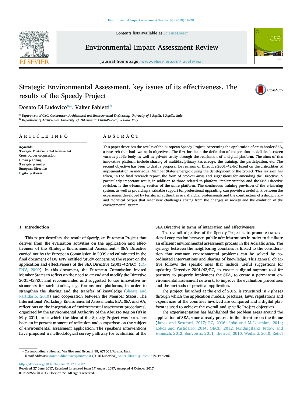 Strategic Environmental Assessment, key issues of its effectiveness. The results of the Speedy Project