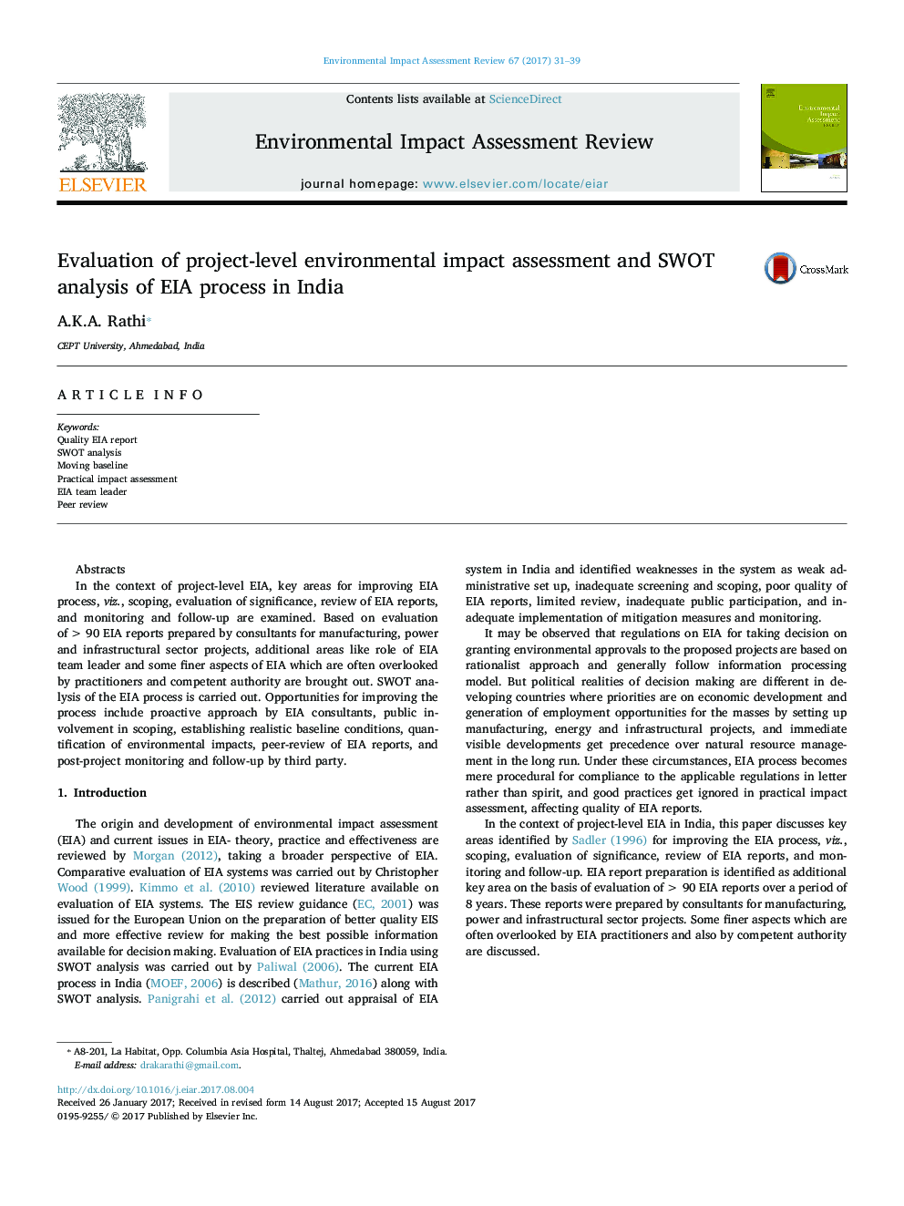 Evaluation of project-level environmental impact assessment and SWOT analysis of EIA process in India