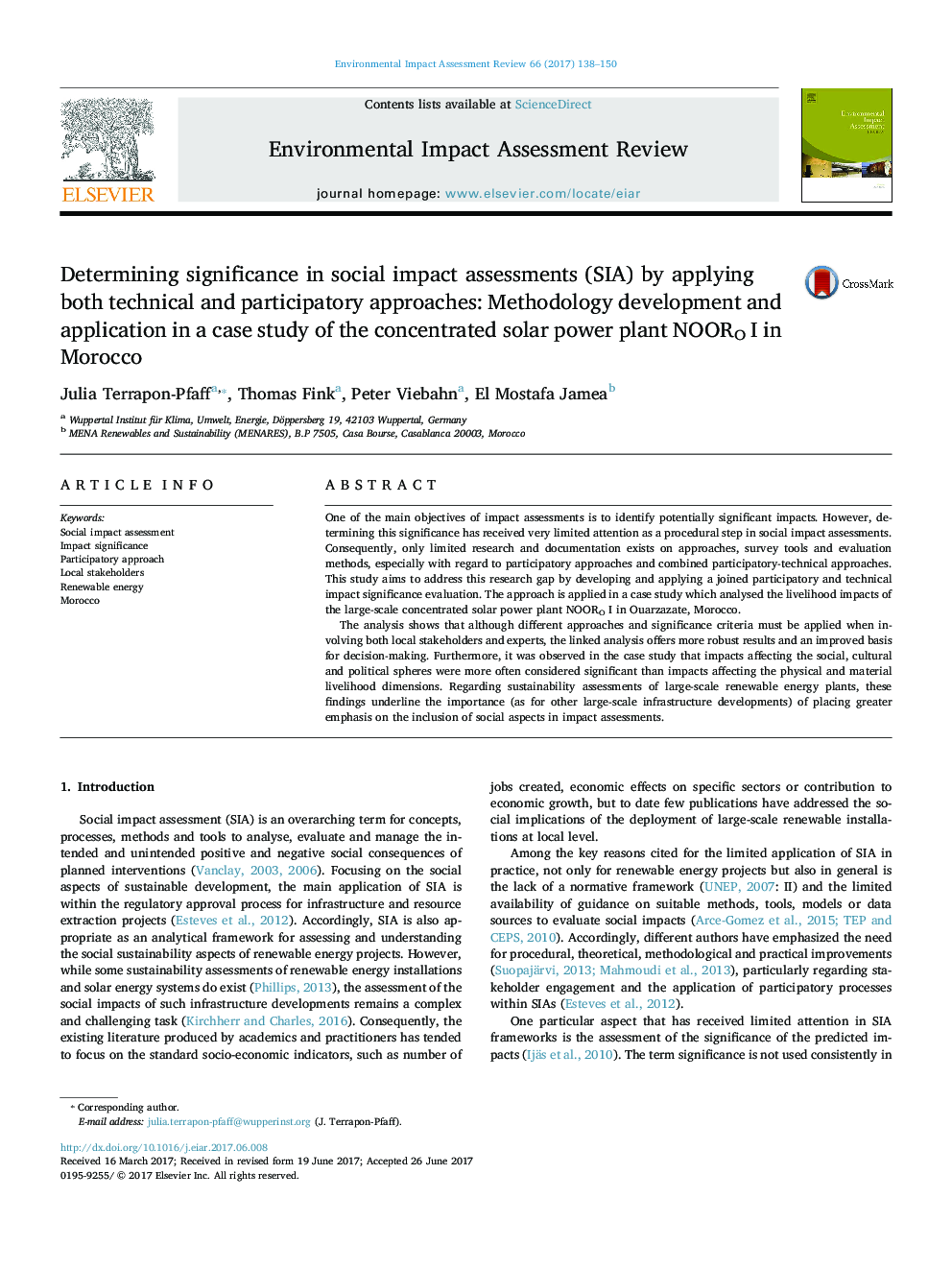 Determining significance in social impact assessments (SIA) by applying both technical and participatory approaches: Methodology development and application in a case study of the concentrated solar power plant NOORO I in Morocco