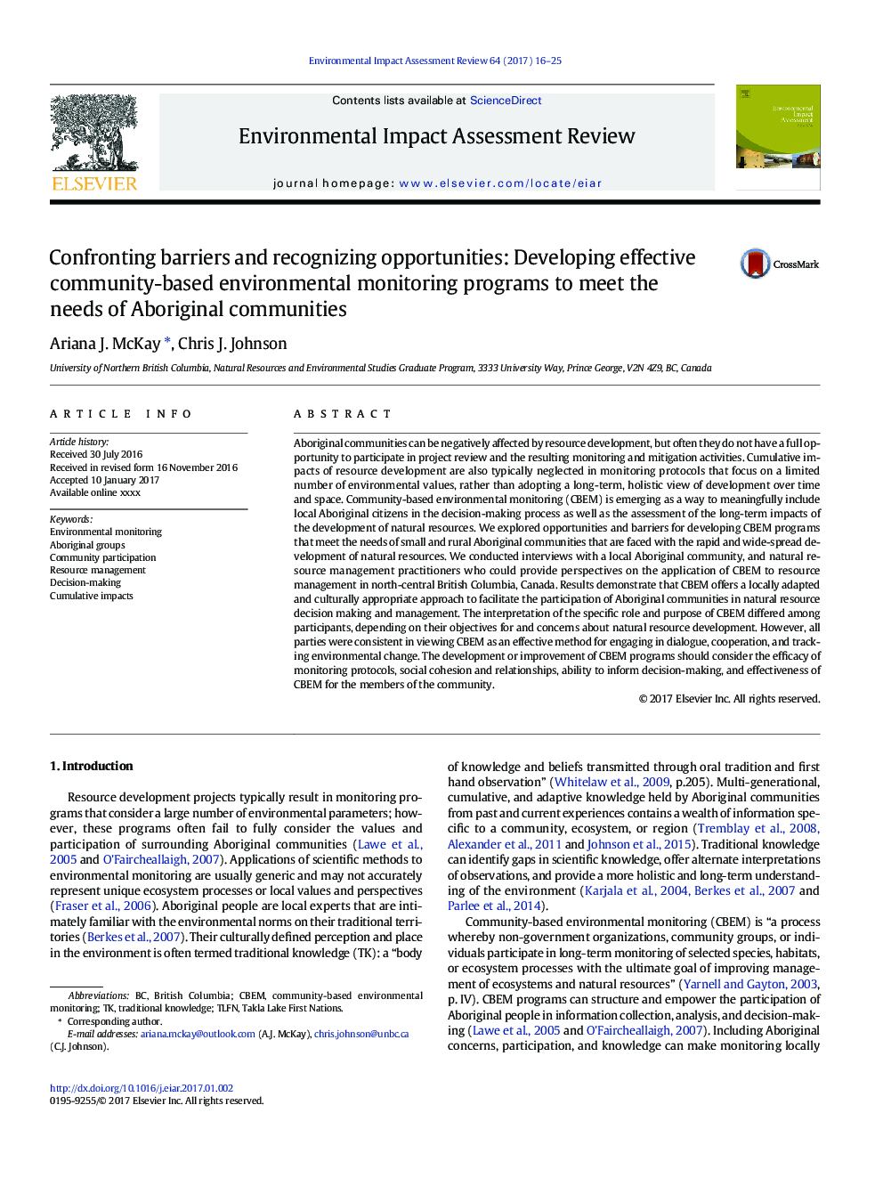 Confronting barriers and recognizing opportunities: Developing effective community-based environmental monitoring programs to meet the needs of Aboriginal communities