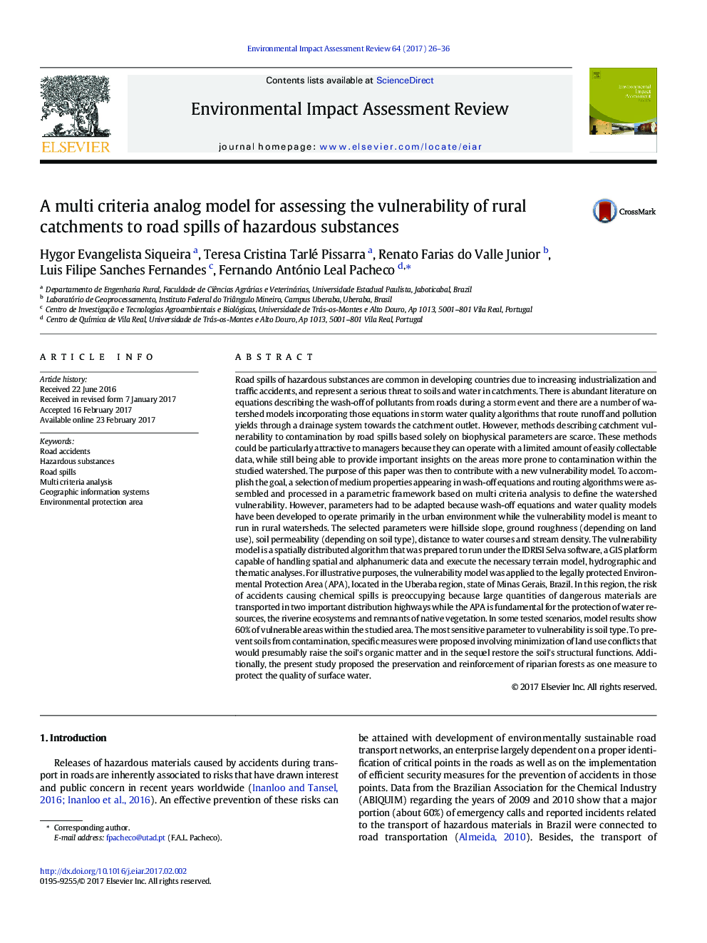 A multi criteria analog model for assessing the vulnerability of rural catchments to road spills of hazardous substances