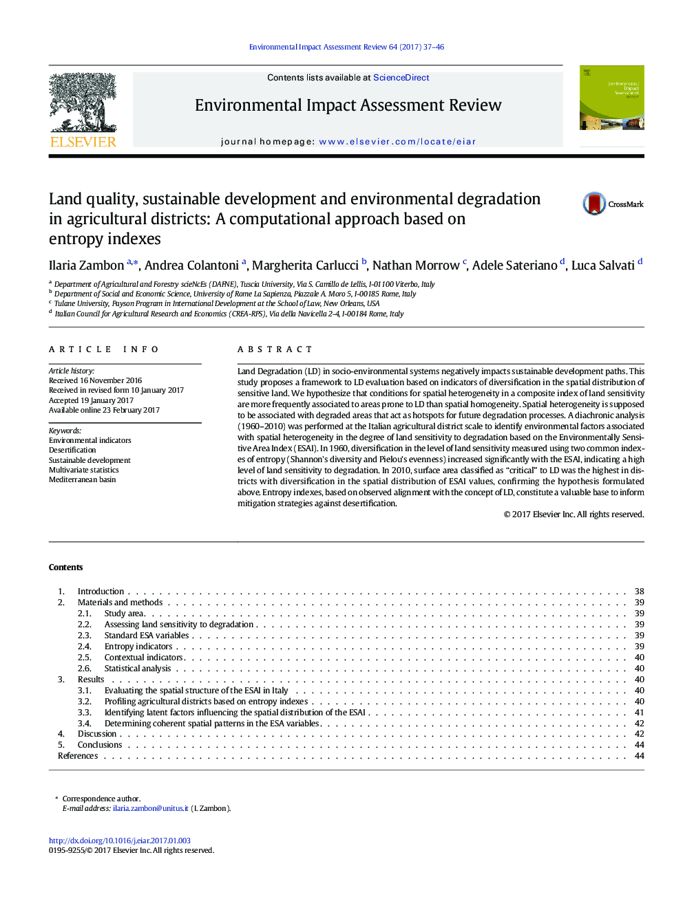 Land quality, sustainable development and environmental degradation in agricultural districts: A computational approach based on entropy indexes