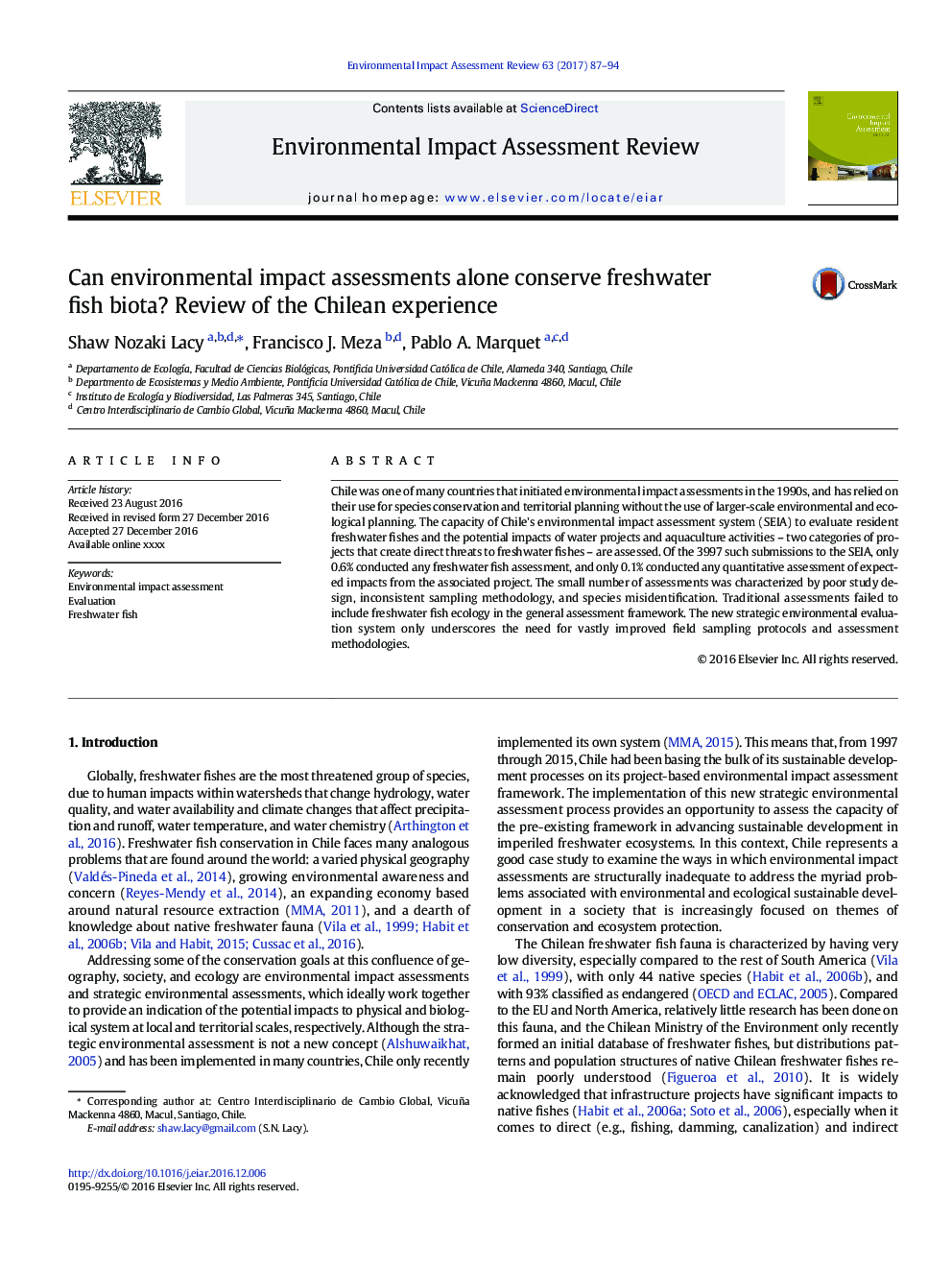 Can environmental impact assessments alone conserve freshwater fish biota? Review of the Chilean experience