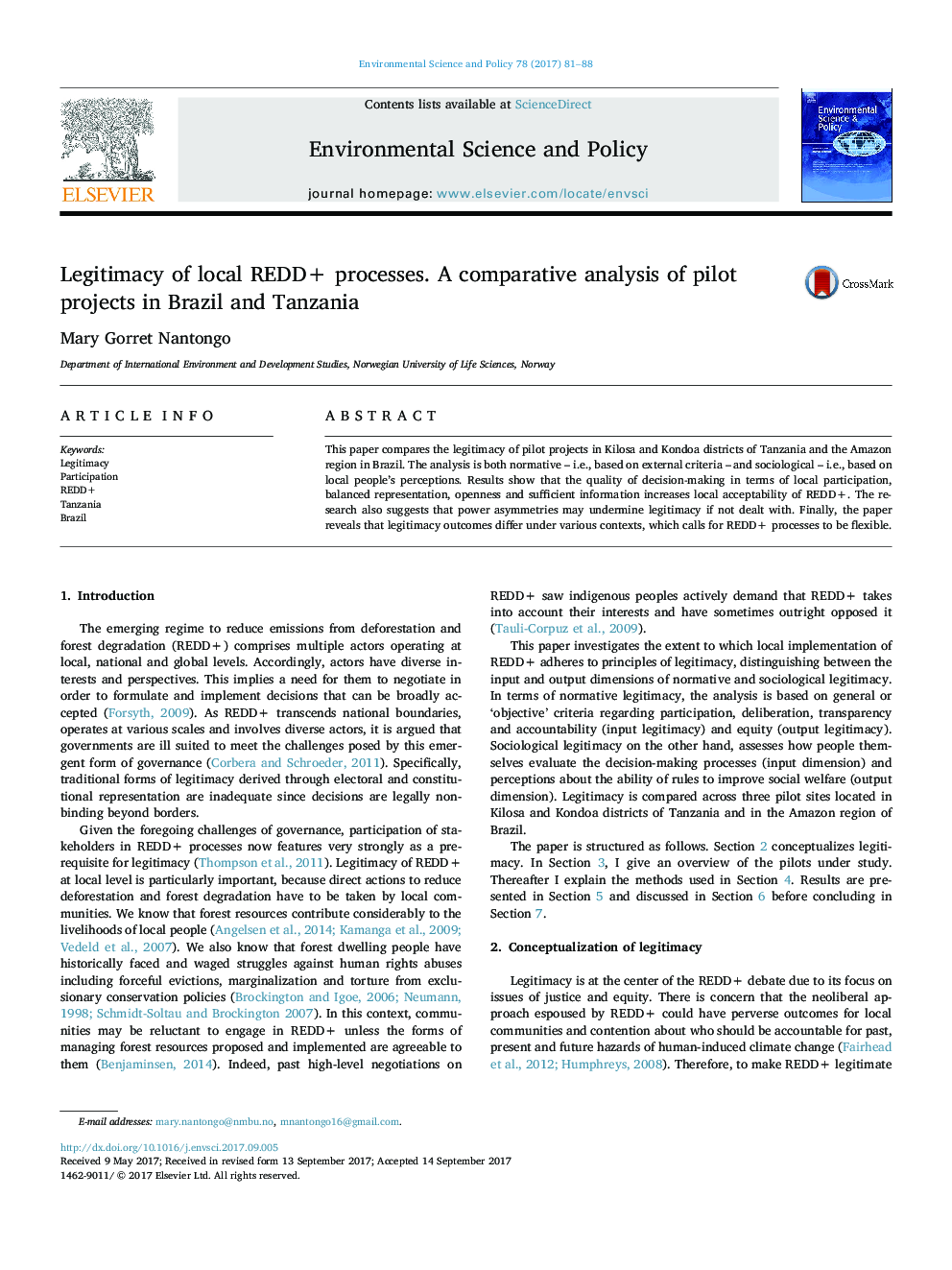 Legitimacy of local REDD+ processes. A comparative analysis of pilot projects in Brazil and Tanzania