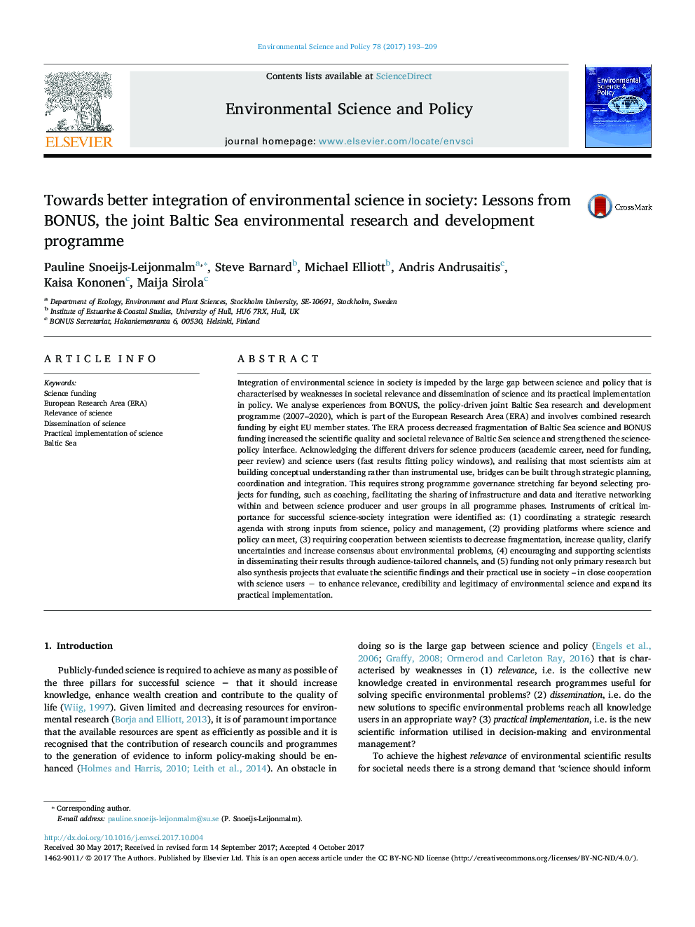 Towards better integration of environmental science in society: Lessons from BONUS, the joint Baltic Sea environmental research and development programme