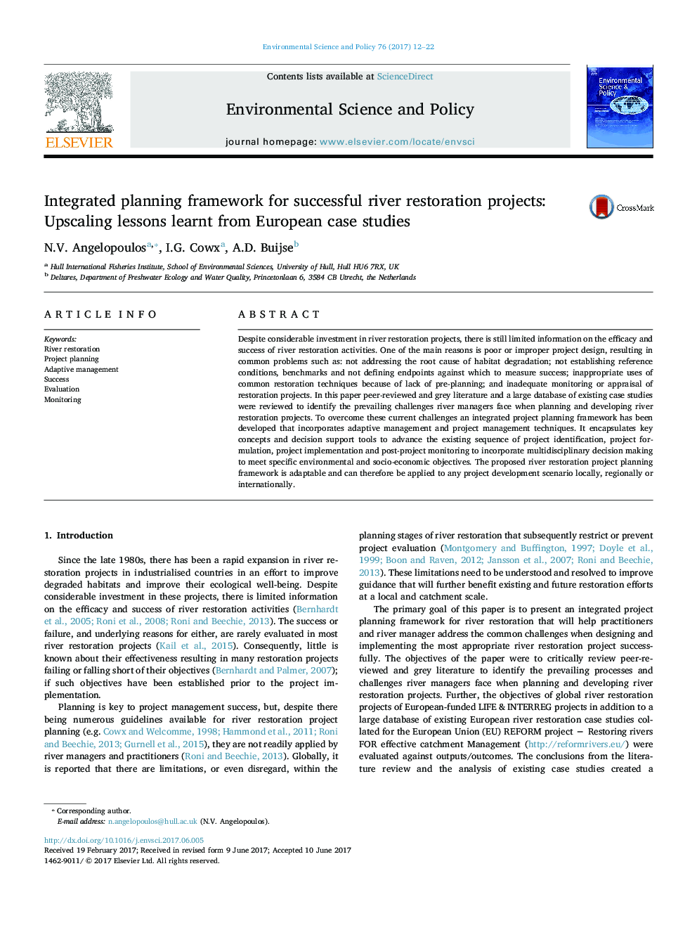 Integrated planning framework for successful river restoration projects: Upscaling lessons learnt from European case studies