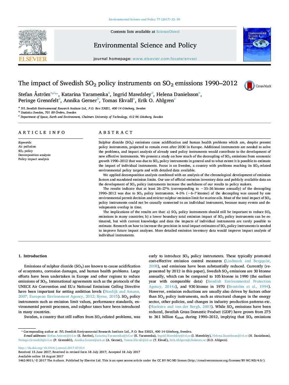 The impact of Swedish SO2 policy instruments on SO2 emissions 1990-2012