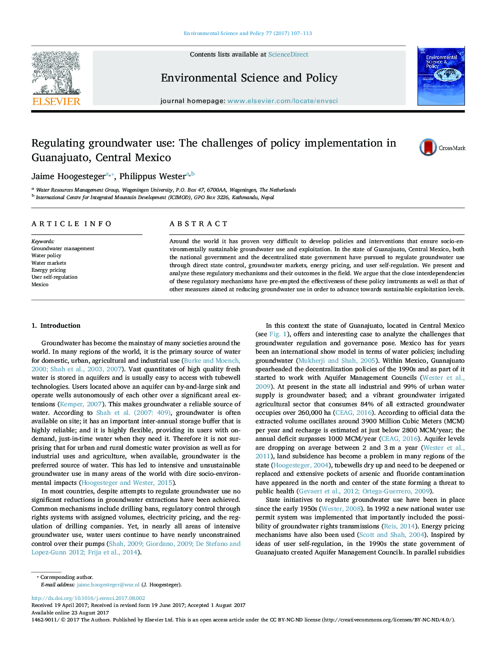 Regulating groundwater use: The challenges of policy implementation in Guanajuato, Central Mexico