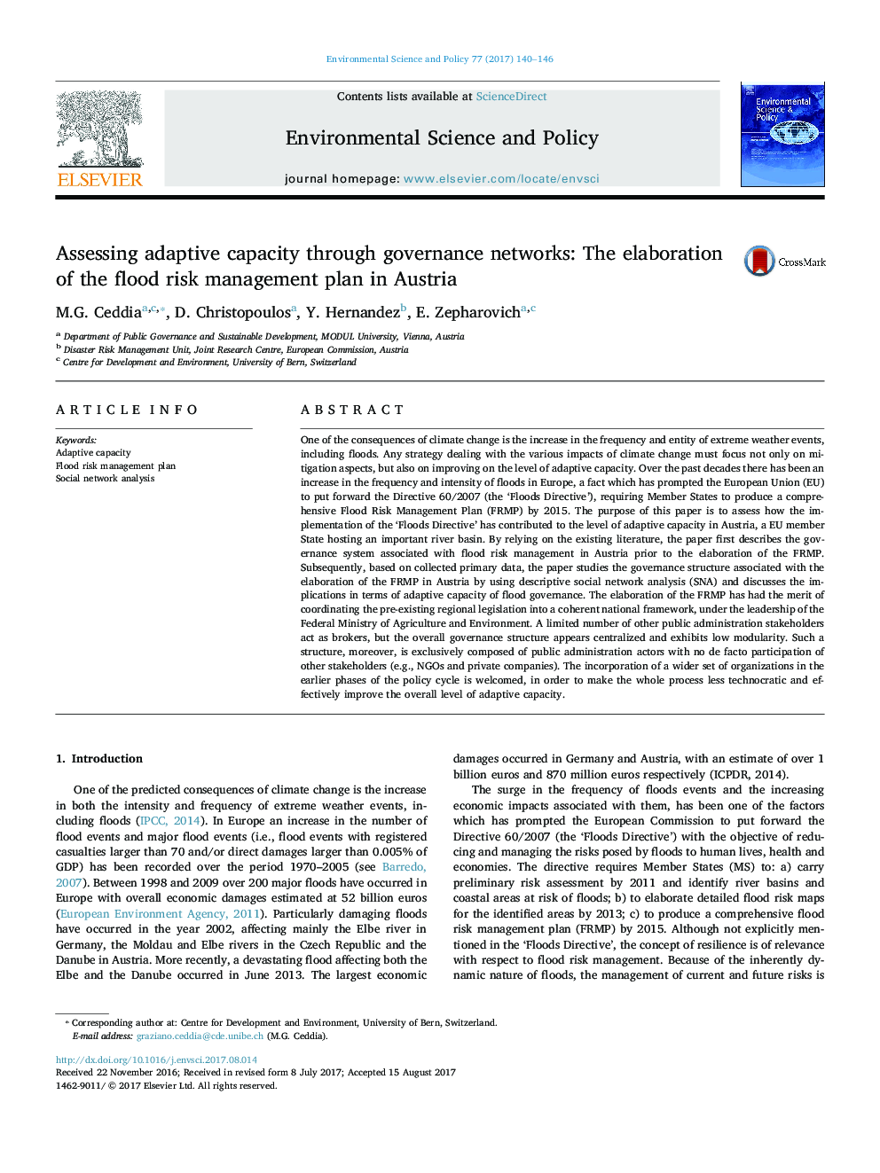 Assessing adaptive capacity through governance networks: The elaboration of the flood risk management plan in Austria