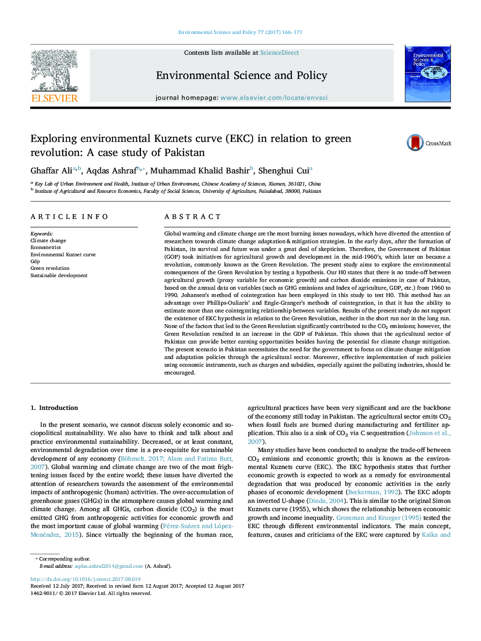 Exploring environmental Kuznets curve (EKC) in relation to green revolution: A case study of Pakistan