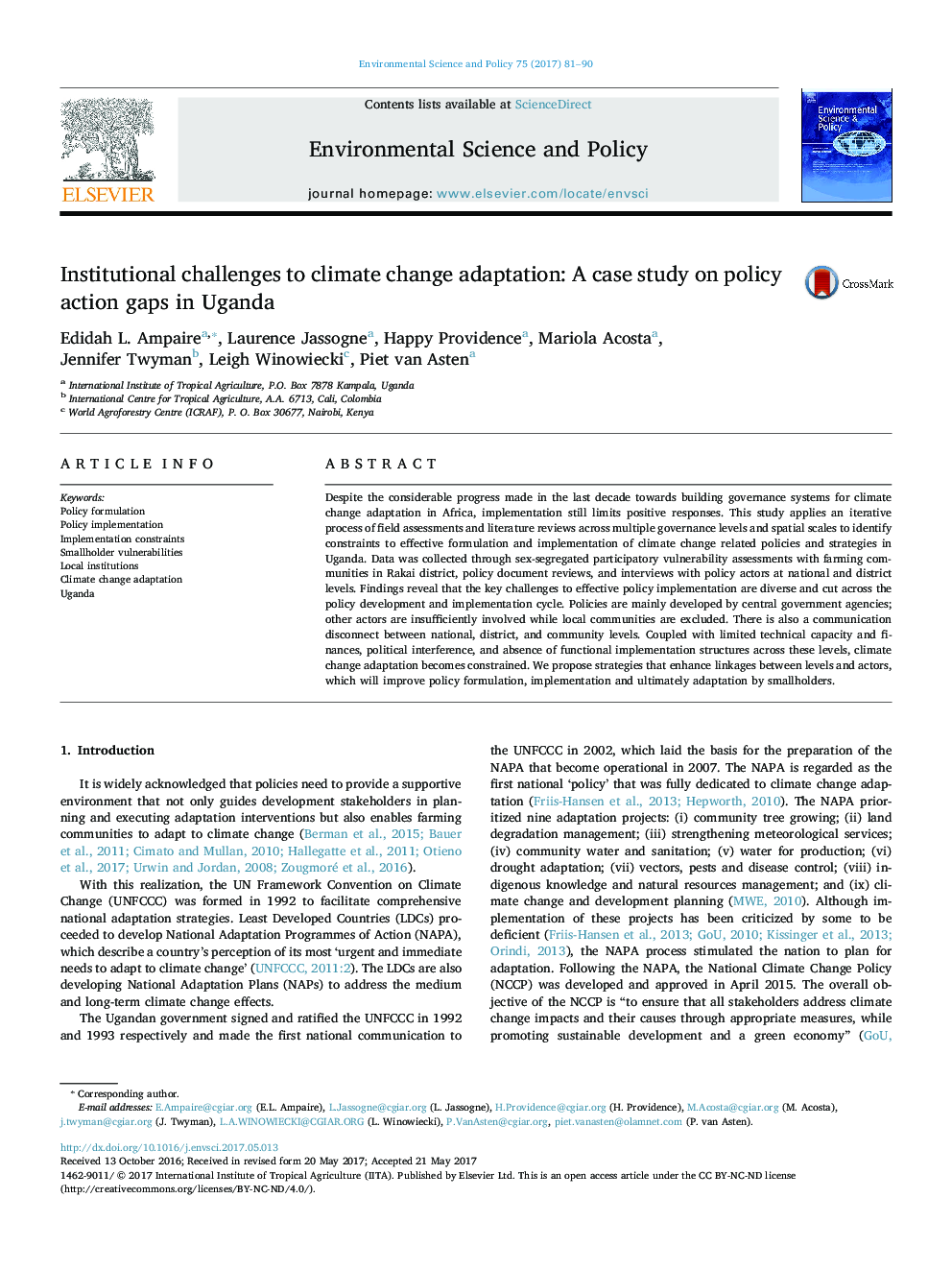 Institutional challenges to climate change adaptation: A case study on policy action gaps in Uganda