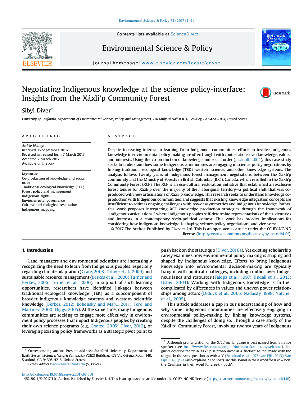 Negotiating Indigenous knowledge at the science-policy interface: Insights from the Xáxli'p Community Forest