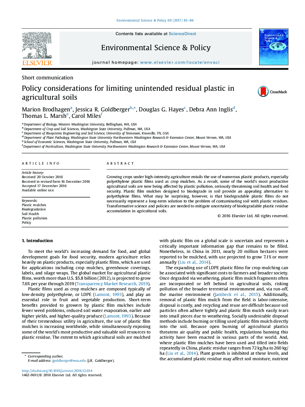 Policy considerations for limiting unintended residual plastic in agricultural soils