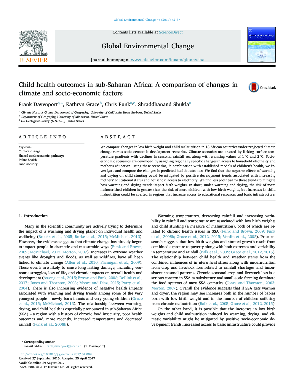 Child health outcomes in sub-Saharan Africa: A comparison of changes in climate and socio-economic factors