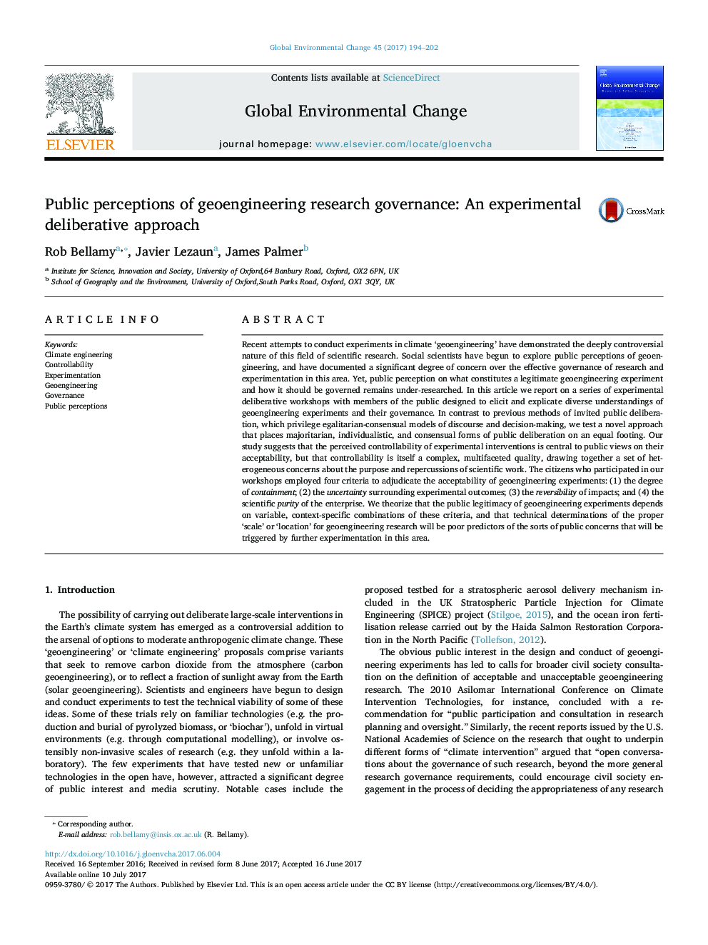 Public perceptions of geoengineering research governance: An experimental deliberative approach