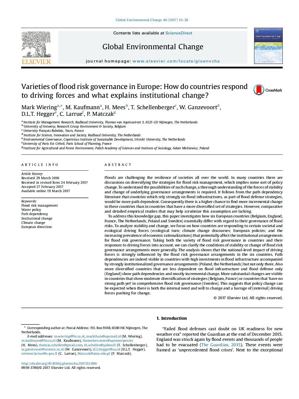 Varieties of flood risk governance in Europe: How do countries respond to driving forces and what explains institutional change?