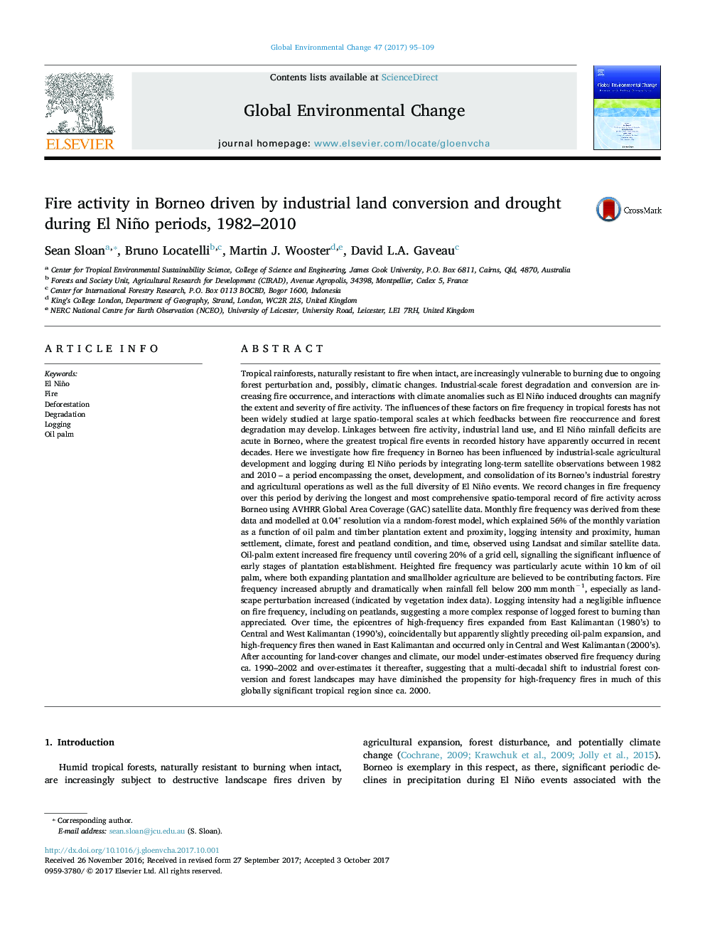 Fire activity in Borneo driven by industrial land conversion and drought during El Niño periods, 1982-2010