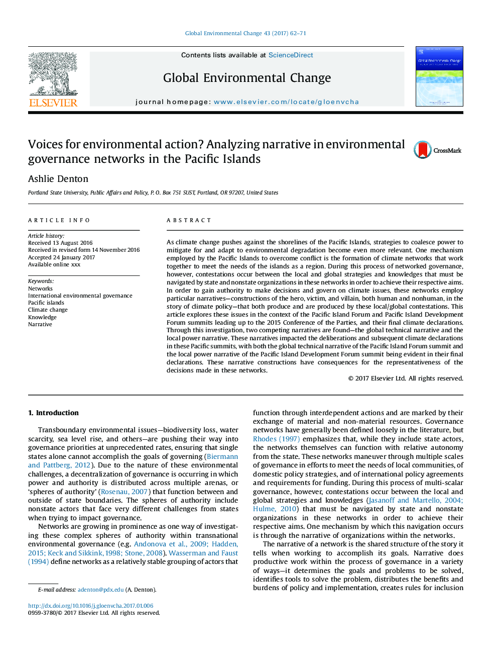 Voices for environmental action? Analyzing narrative in environmental governance networks in the Pacific Islands