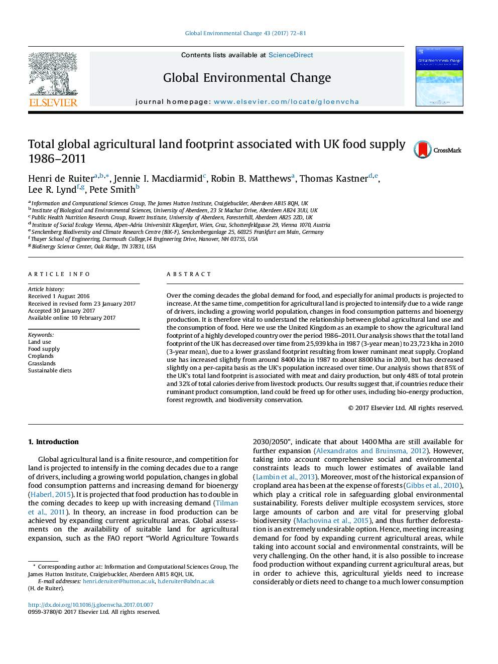 Total global agricultural land footprint associated with UK food supply 1986-2011