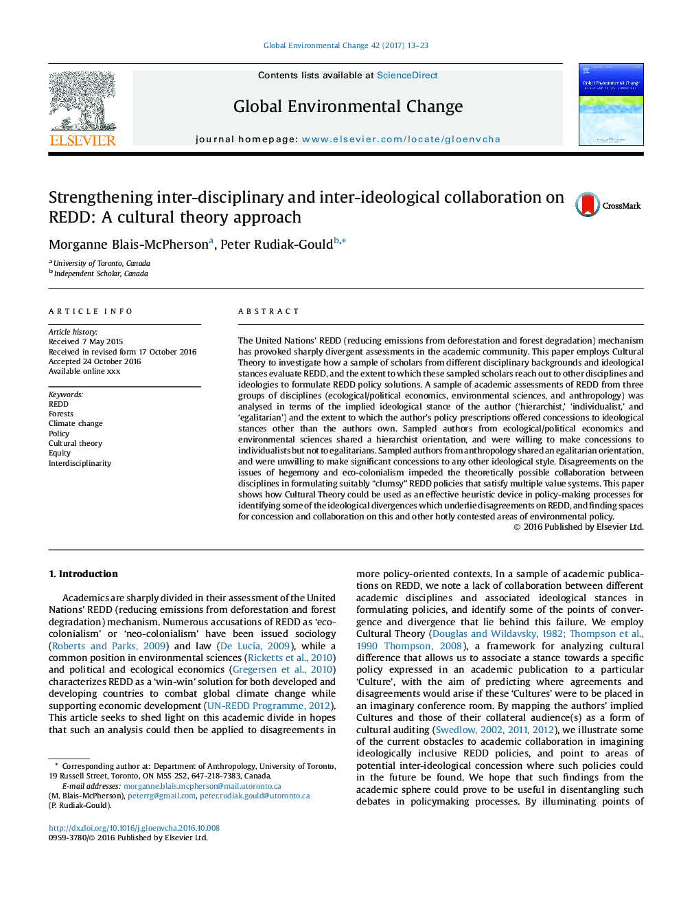 Strengthening inter-disciplinary and inter-ideological collaboration on REDD: A cultural theory approach