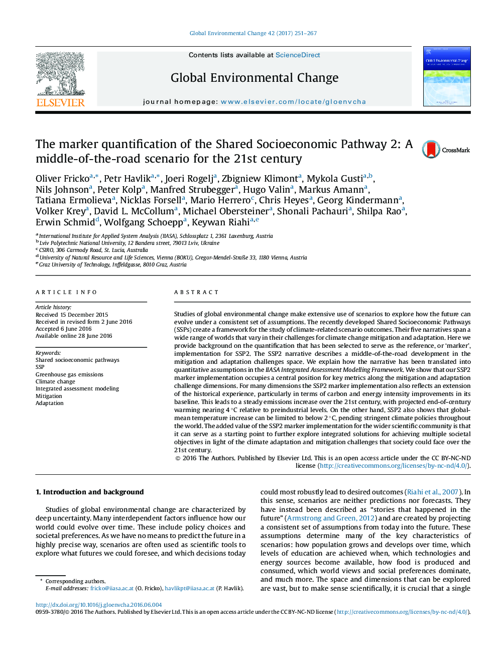 The marker quantification of the Shared Socioeconomic Pathway 2: A middle-of-the-road scenario for the 21st century